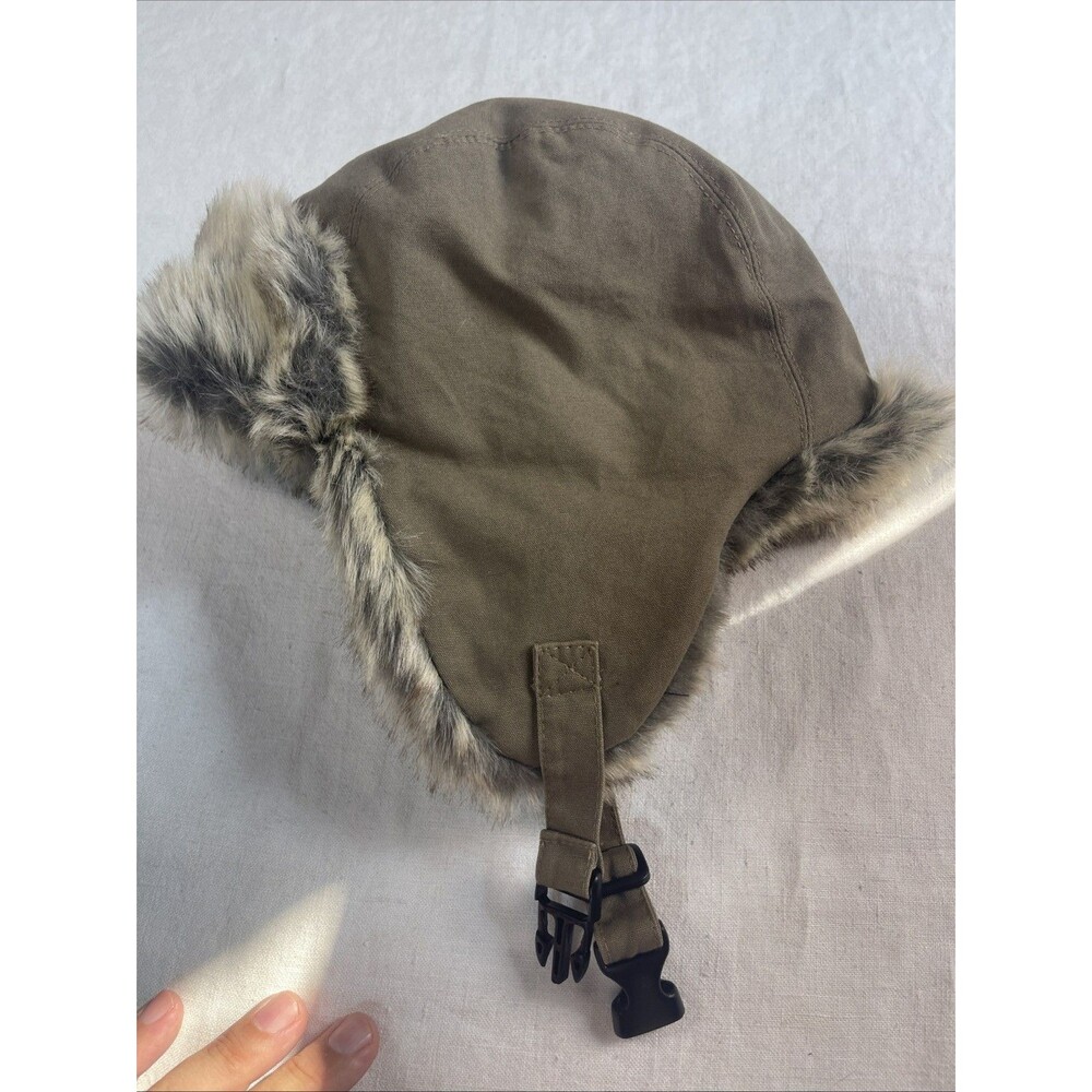 Timberland EUC Canvas Trapper Hat Tan Brown Faux Fur Aviator Winter Bomber Cap - Picture 9 of 9
